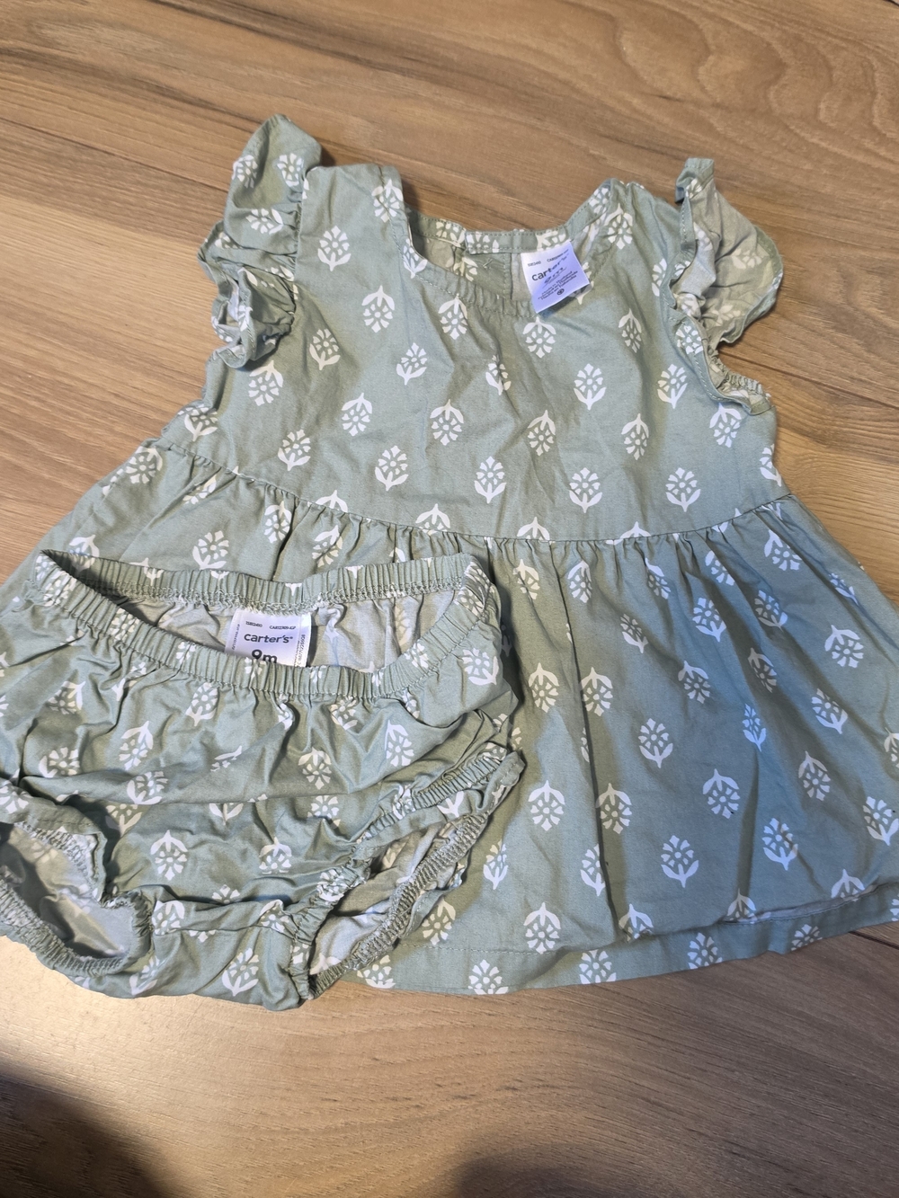 Carter's Girls' Sage Green Floral Casual Dress with Bloomers